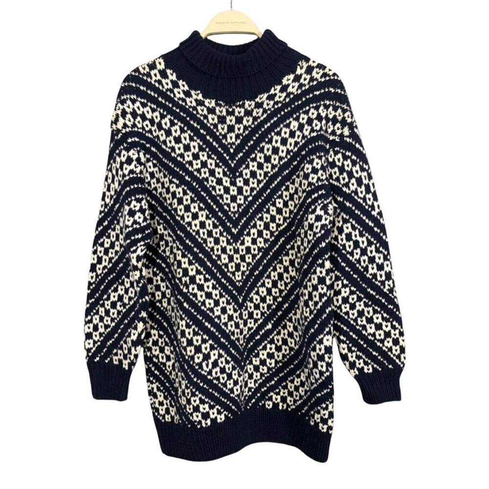 Basco  Sweater Jumper Women Men Unisex Size M Handknit Blue Mock Retro Stripe